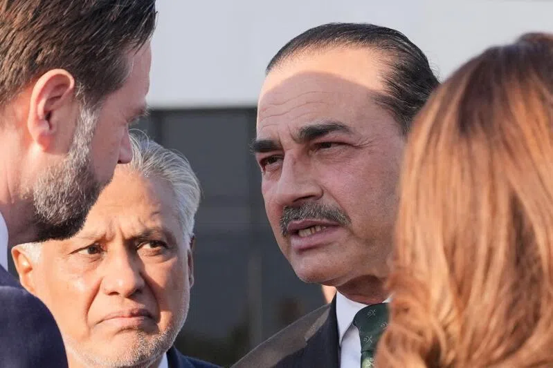 US Vice President JD Vance (L) talks to Pakistan's Chief of Defence Forces and Chief of Army Staff Field Marshall Asim Munir (R) and Pakistan's Deputy Prime Minister and Foreign Minister Mohammad Ishaq Dar (C) before boarding Air Force Two after attending talks on Iran in Islamabad on April 12, 2026. Iran and the United States failed to reach an agreement to end the war in the Middle East, US Vice President JD Vance said April 12 after marathon talks in Islamabad, adding that he was leaving negotiations after giving Tehran the "final and best offer". (Photo by Jacquelyn MARTIN / POOL / AFP)