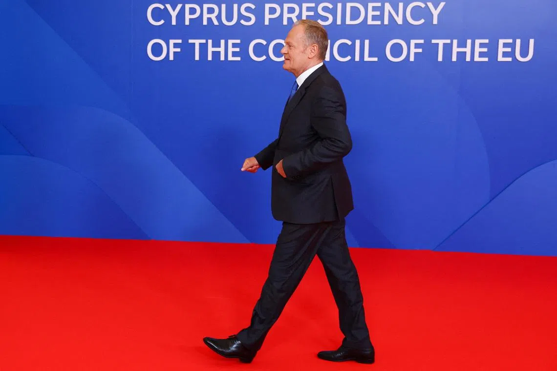 Poland's Prime Minister Donald Tusk arrives to attend a summit of the European Union and regional partners' leaders in Nicosia (Lefkosia), Cyprus, April 24, 2026. REUTERS/Yves Herman/Pool