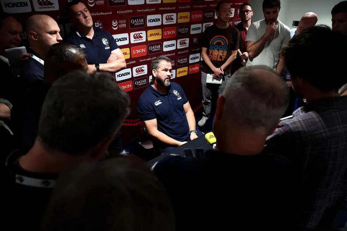 British & Irish Lions head coach Andy Farrell addresses the media at a press conference in Brisbane on July 17, 2025.