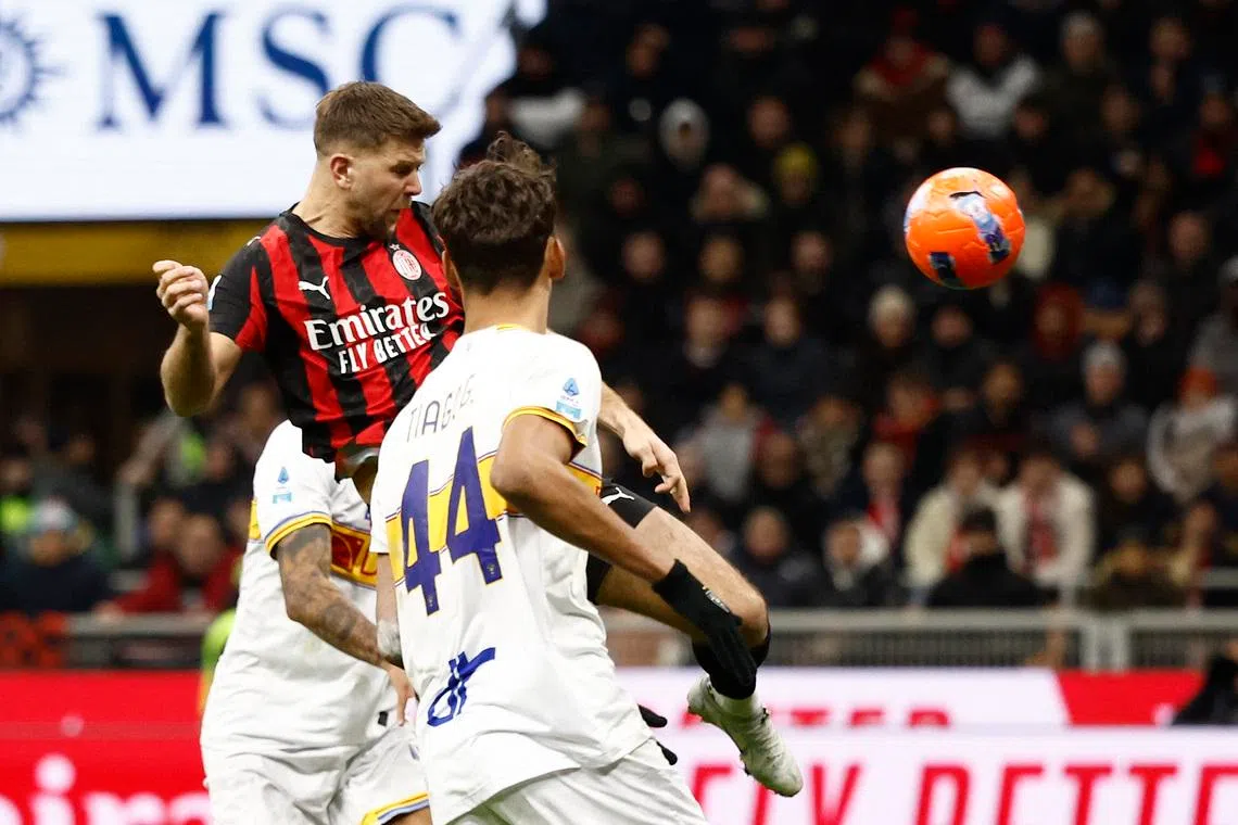 Soccer Football - Serie A - AC Milan v Lecce - San Siro, Milan, Italy - January 18, 2026 AC Milan's Niclas Fullkrug scores their first goal REUTERS/Alessandro Garofalo