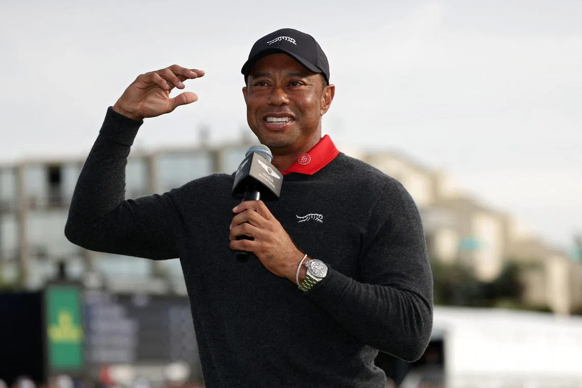 Tiger Woods speaks to the crowd during the trophy ceremony after the final round of The Genesis Invitational 2025.