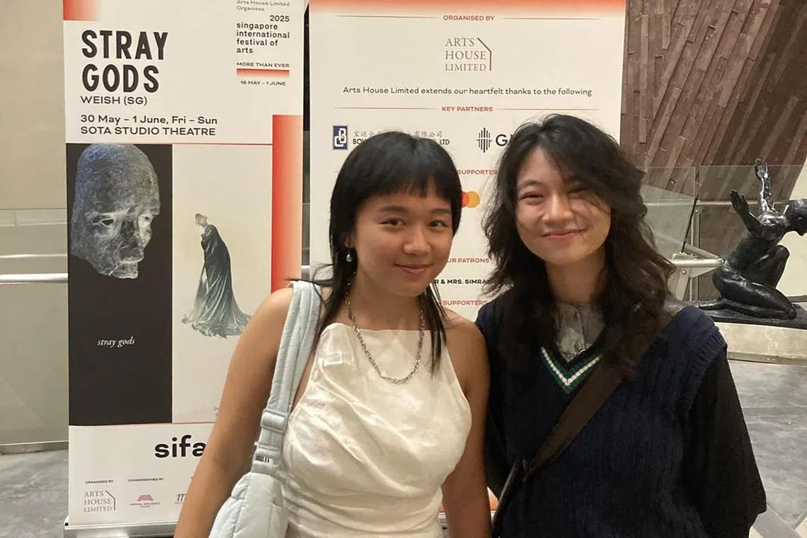 Erika Poh and a friend after watching stray gods at SOTA Studio Theatre.