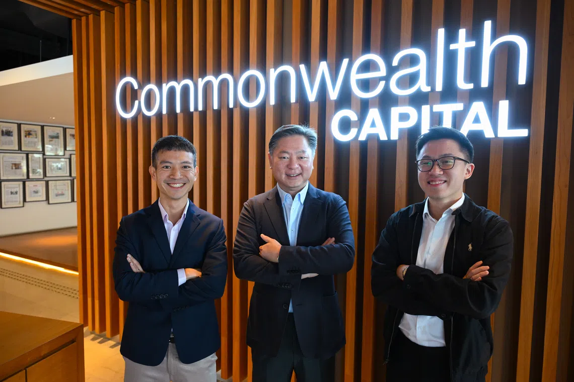 (From left) Shawn Loh, Commonwealth Capital CEO, with executive chairman Andrew Kwan and his son, Ryan Kwan on Oct 2.