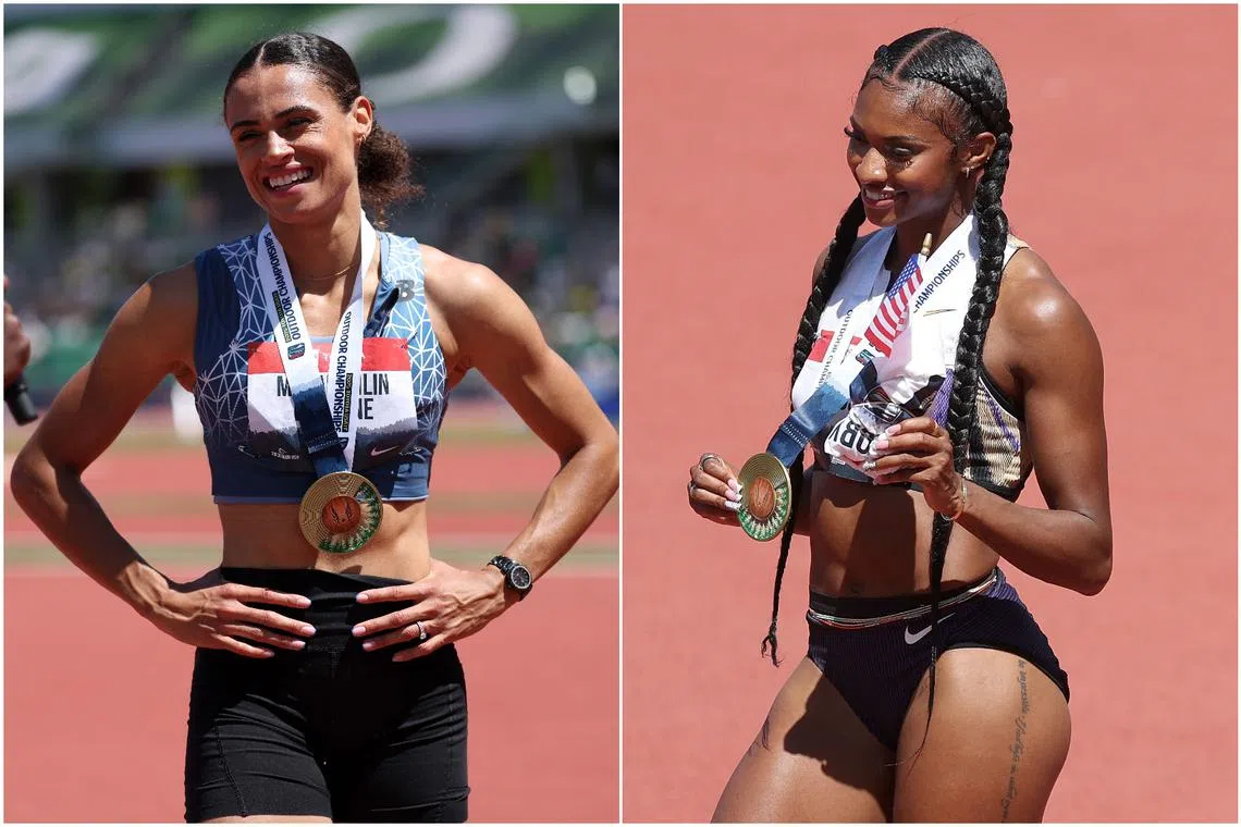 Sydney McLaughlin-Levrone (left) stormed to victory in the 400m while Masai Russell delivered a flawless performance in the 100m hurdles.