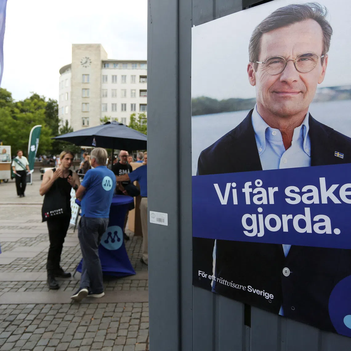 A poster of Swedish Prime Minister and leader of the Moderates Ulf Kristersson on his party’s campaign stand for the upcoming election in Malmo, Sweden, August 26, 2026. REUTERS/Tom Little