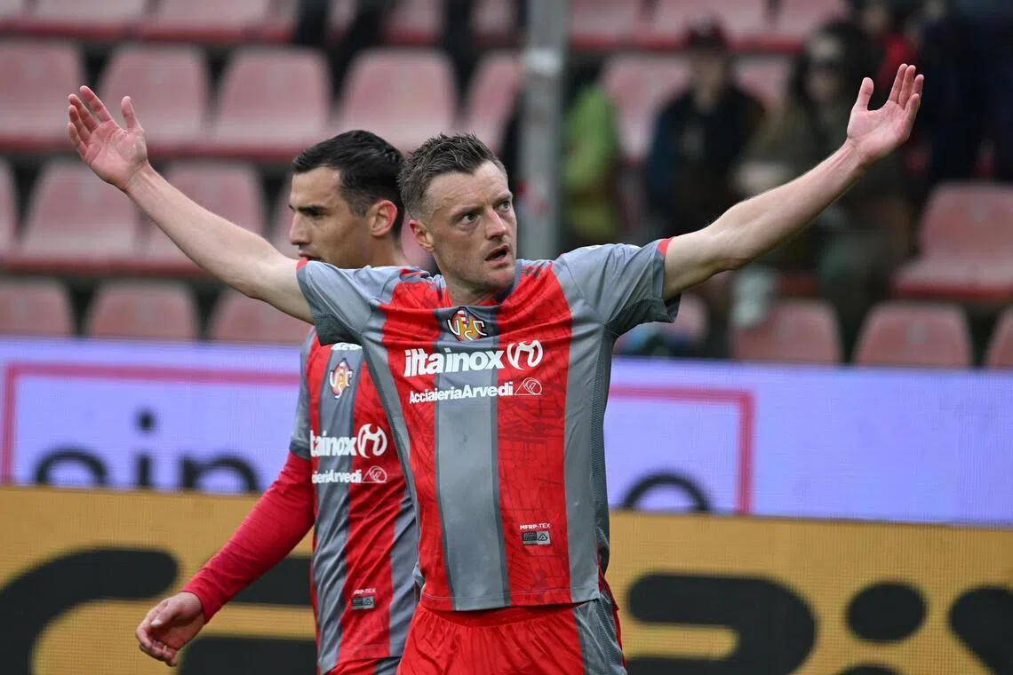 Cremonese's Jamie Vardy celebrates after scoring in a 3-0 win over Pisa in a Serie A match on May 10.