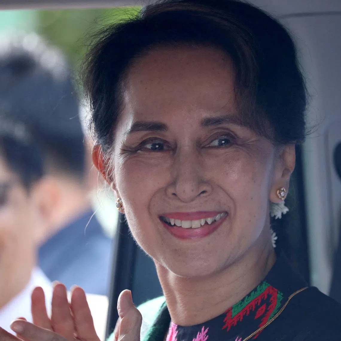 Myanmar's State Counsellor Aung San Suu Kyi arrives at a school in Kawhmu, Yangon, Myanmar, July 18, 2019.