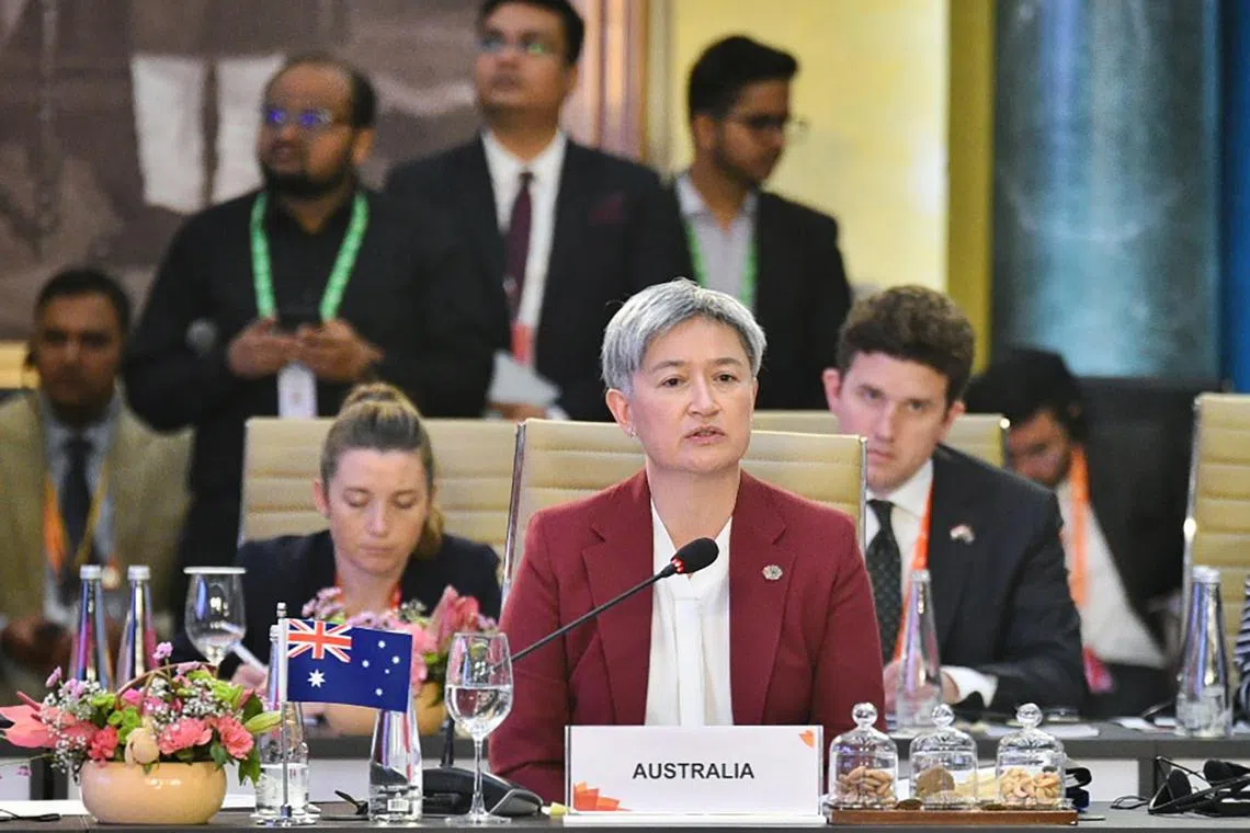 epa10498288 A handout photo made available by India's Ministry of External Affairs (MEA) of Australia's Foreign Minister Penny Wong attending the G20 Foreign Ministers Meeting in New Delhi, India, 02 March 2023. The G20 foreign ministers met in New Delhi under India's G20 Presidency.  EPA-EFE/INDIAN MINISTRY OF EXTERNAL AFFAIRS HANDOUT -- BEST QUALITY AVAILABLE -- HANDOUT EDITORIAL USE ONLY/NO SALES