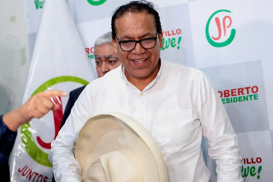 FILE PHOTO: Peruvian presidential candidate Roberto Sanchez speaks to the media as vote counting continues in the presidential runoff between Sanchez and Keiko Fujimori in Lima, Peru, June 12, 2026. REUTERS/Stifs Paucca/File Photo