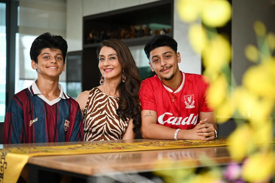 Ms Harminder Rajan and her two sons Sarvesh Rajan, 15, and Shreyas Rajan, 18, at their home on May 2.