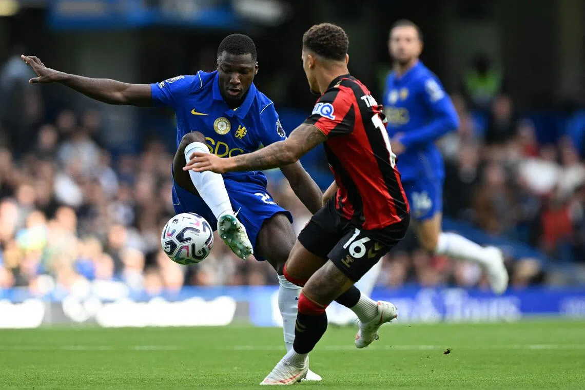 Chelsea’s Moises Caicedo (left) vying with Bournemouth’s Marcus Tavernier at Stamford Bridge in London on Oct 10.