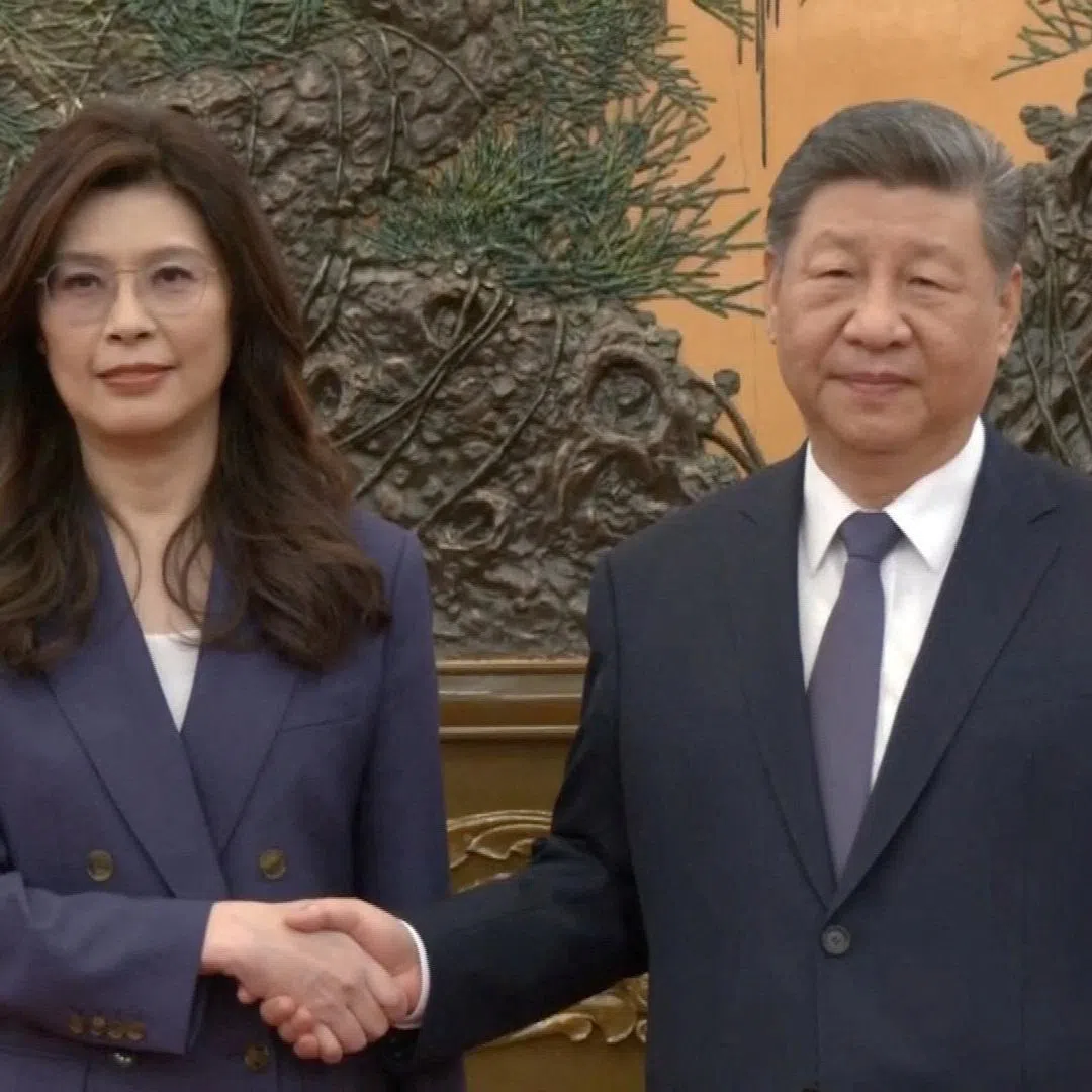 Cheng Li-wun, chairperson of the Kuomintang (KMT), Taiwan's largest opposition party, shakes hands with Chinese President Xi Jinping at the Great Hall of the People in Beijing, China April 10, 2026, in this screengrab from a video provided by CTI. CTI via REUTERS TV