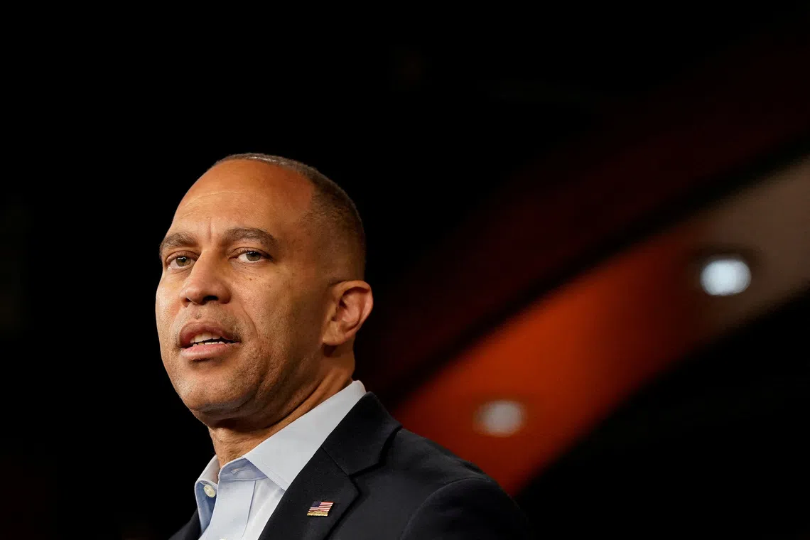 FILE PHOTO: U.S. House Minority Leader Hakeem Jeffries (D-NY) holds a press conference on the fourteenth day of the U.S. government shutdown on Capitol Hill in Washington, D.C., U.S., October 14, 2025. REUTERS/Elizabeth Frantz/File Photo