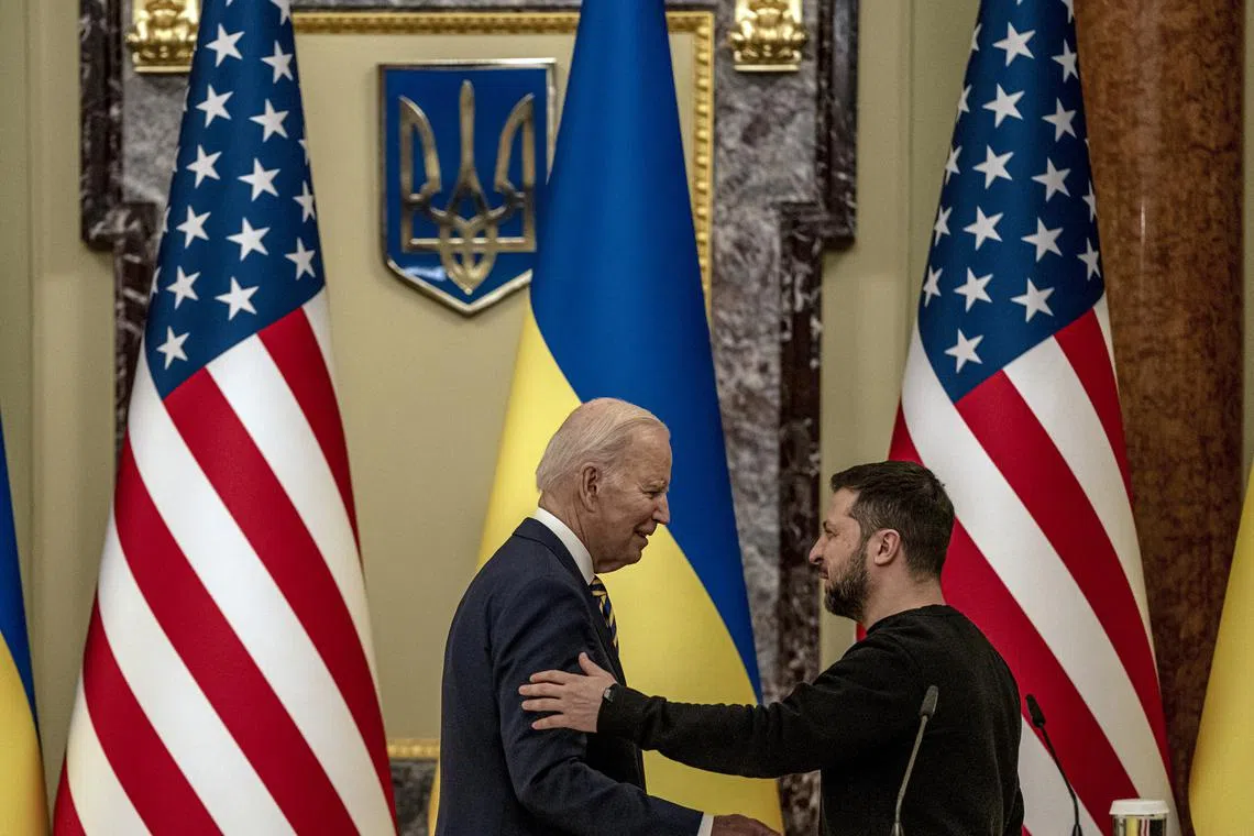 US President Joe Biden and President Volodymyr Zelenskyy of Ukraine at a joint news conference in Kyiv, on Feb 20, 2023.