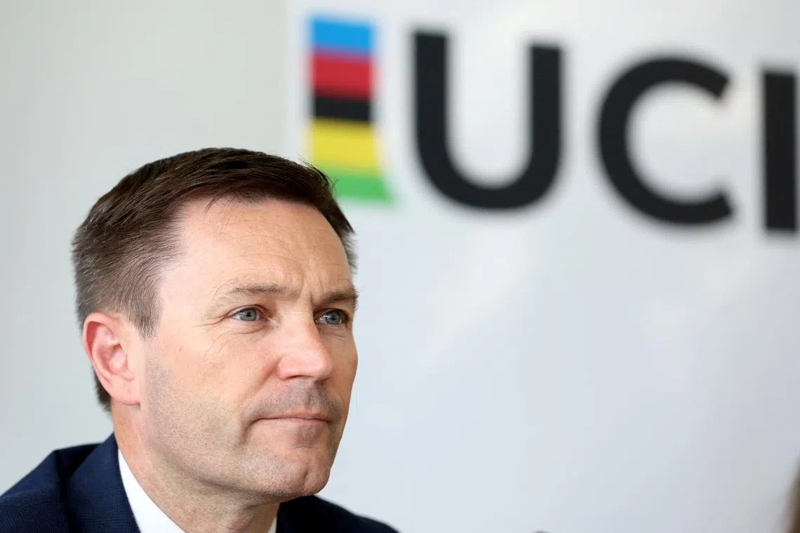 FILE PHOTO: David Lappartient, president of the International Cycling Union (UCI) attends a news conference on Afghan refugees at the World Cycling Center in Aigle, Switzerland, June 3, 2022. REUTERS/Denis Balibouse