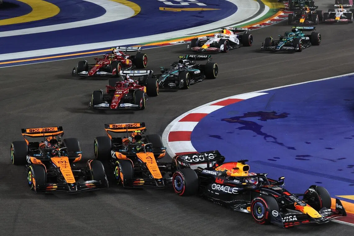McLaren's Oscar Piastri and Lando Norris banged wheels at Turn 3 in the first lap of the Singapore Grand Prix on Oct 5.