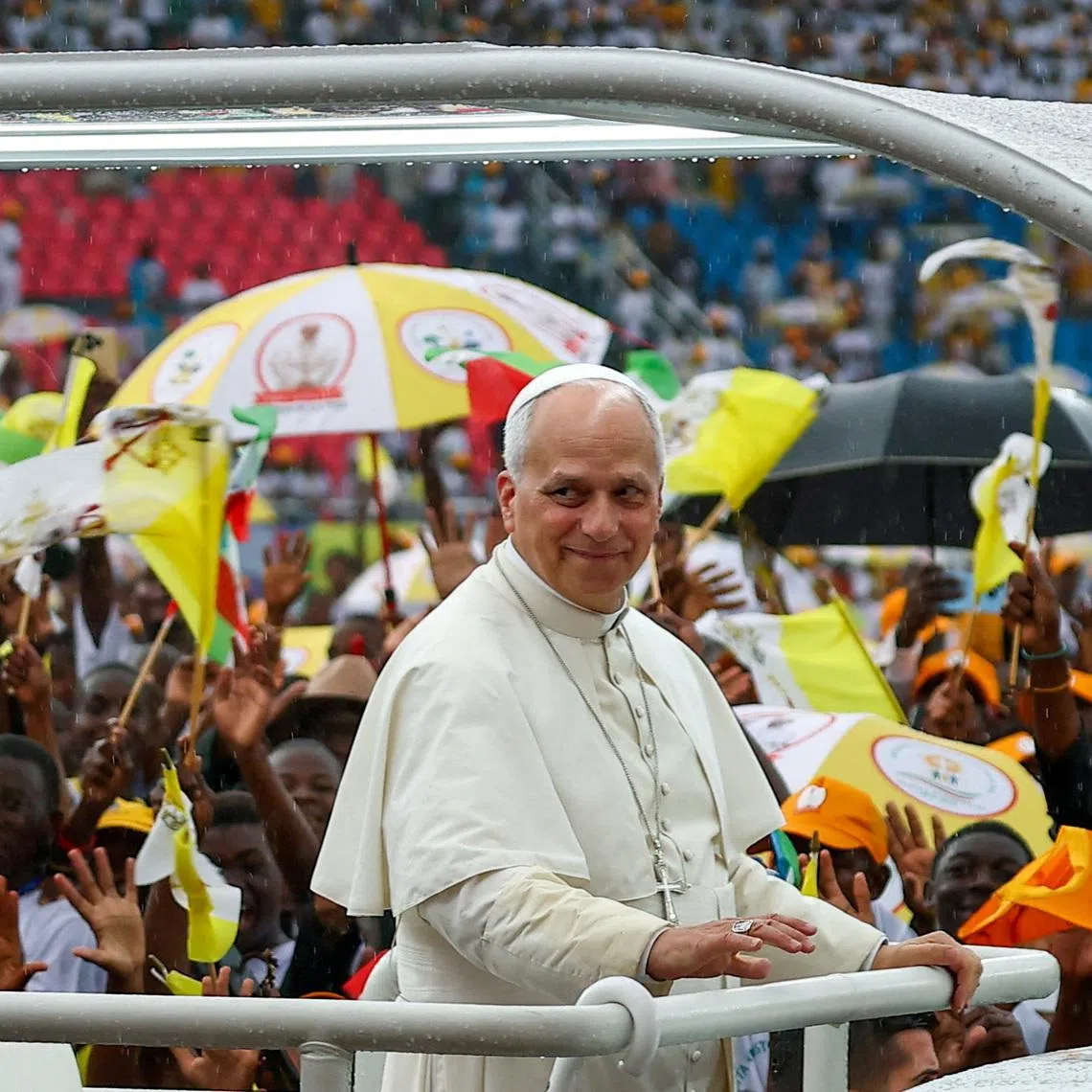 Pope Leo arrives for a meeting with young people and families at Bata Stadium, in Bata, Equatorial Guinea, on April 22 as part of a four-nation Africa tour.