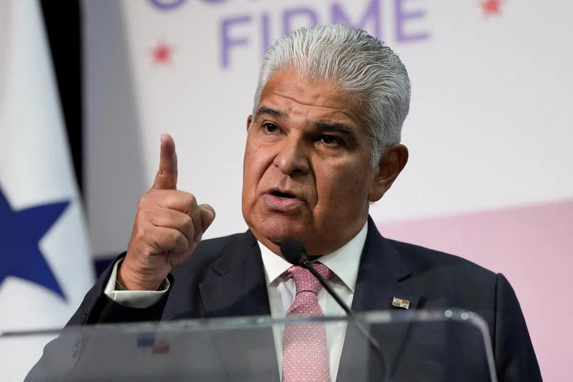 FILE PHOTO: Panama's President Jose Raul Mulino gestures during a press conference in Panama City, Panama, February 13, 2025. REUTERS/Enea Lebrun/File Photo