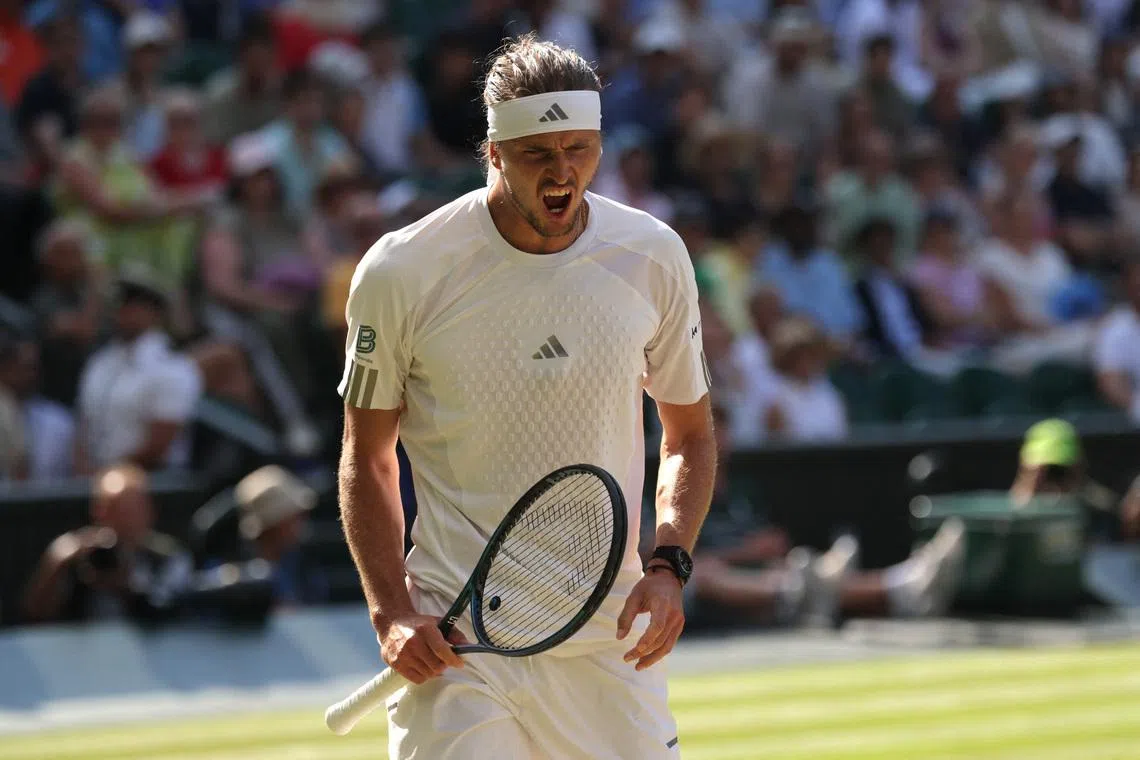 Tennis - Wimbledon - All England Lawn Tennis and Croquet Club, London, Britain - July 7, 2026 Germany's Alexander Zverev reacts during his fourth round match against Czech Republic's Jiri Lehecka REUTERS/Marko Djurica