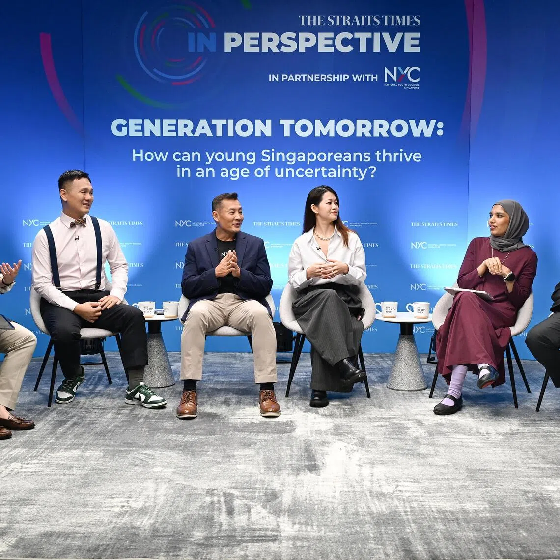 (From left) The Straits Times’ senior audience growth specialist Elizabeth Law, Singapore Management University’s associate director of impact Chew Han Ei, National Youth Council’s chief executive David Chua, Wavesparks chief executive Lim Ee Ling, sustainability professional Attiya Ashraf Ali and executive director of Impart Narasimman Tivasiha Mani at the In Perspective roundtable on youth on July 14.