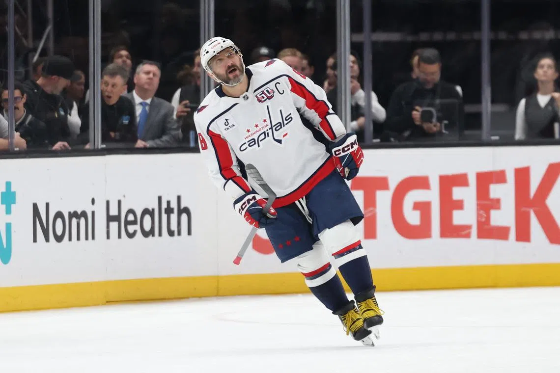 FILE PHOTO: Nov 18, 2024; Salt Lake City, Utah, USA; Washington Capitals left wing Alex Ovechkin (8) celebrates a goal against the Utah Hockey Club during the first period at Delta Center. Mandatory Credit: Rob Gray-Imagn Images/File photo