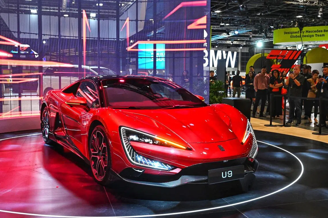 The Yangwang U9 by Chinese carmaker BYD at the Singapore Motorshow 2025. The car can hit 100kmh in 2.36 seconds.