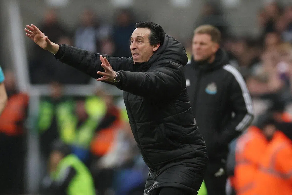Aston Villa manager Unai Emery reacting during the 2-0 English Premier League win at Newcastle United at St James' Park on Jan 25, 2026.