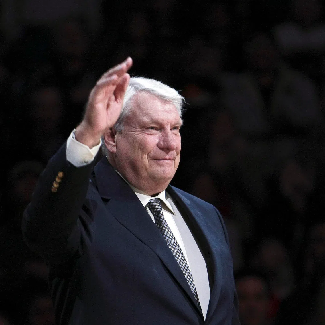 March 19, 2012; Oakland, CA, USA; Golden State Warriors former coach Don Nelson waves to fans during the half time ceremony to retire the #17 jersey of Chris Mullin at Oracle Arena. Mandatory Credit: Kelley L Cox-USA TODAY Sports