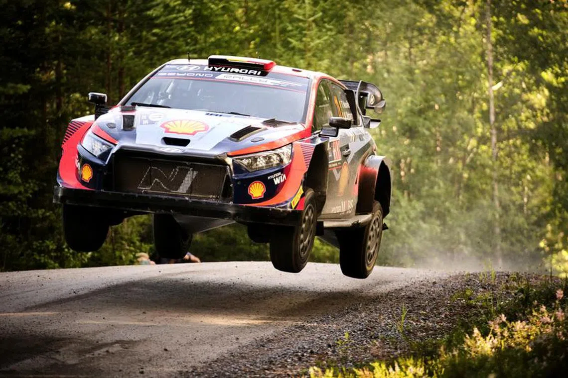 FILE PHOTO:Rallying - World Rally Championship - Rally Finland - Jyvaskyla, Finland - August 6, 2023  Hyundai's Thierry Neuville and co-driver Martijn Wydaeghe in action  Hannu Rainamo/Lehtikuva via REUTERS/File Photo