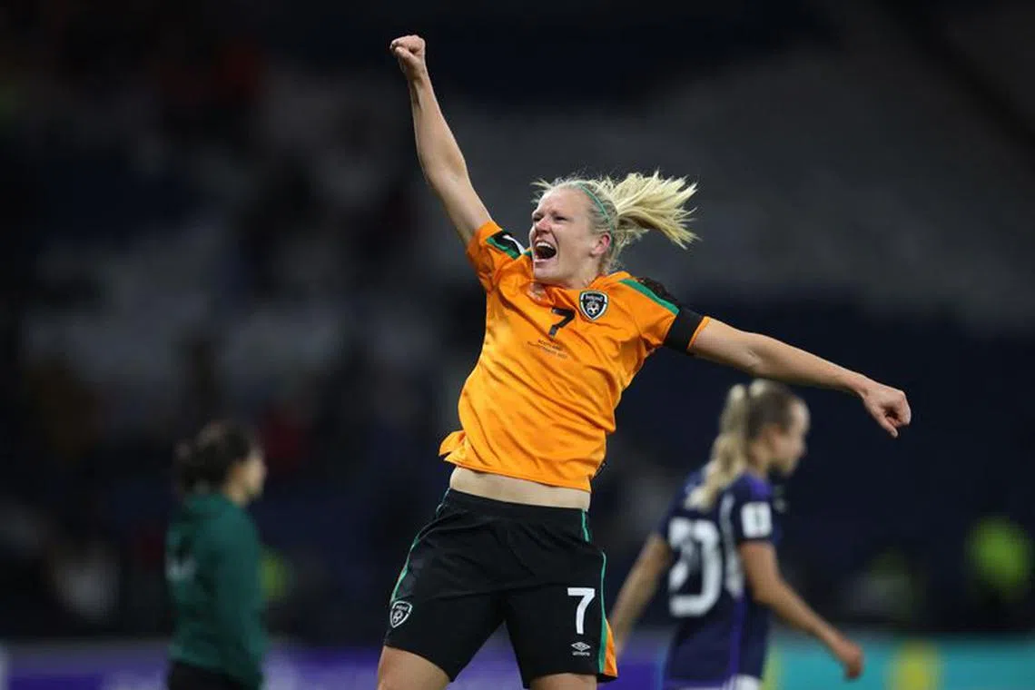 FILE PHOTO:Soccer Football - FIFA Women's World Cup - UEFA Qualifiers - Scotland v Republic of Ireland - Hampden Park, Glasgow, Scotland, Britain - October 11, 2022 Republic of Ireland's Diane Caldwell celebrates winning the match to qualify for the 2023 FIFA Women's World Cup REUTERS/Molly Darlington/File Photo
