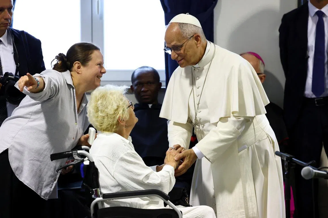 Pope Leo met people from socially disadvantaged backgrounds near the Shrine of the Virgin of the Rosary of Pompei on May 8.