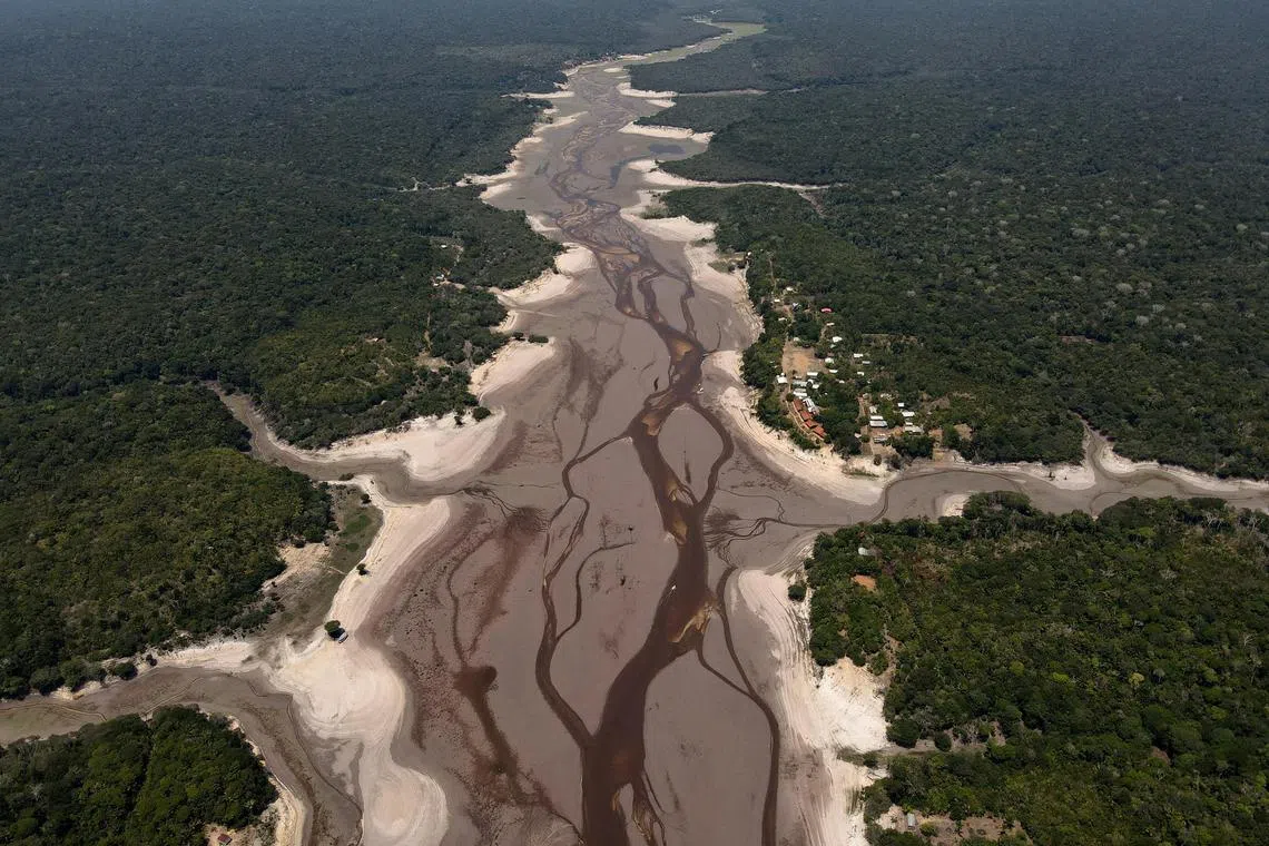 FILE PHOTO: An aerial view shows the Tumbira River, which has been affected by the drought of Negro River,  at a Rio Negro Sustainable Development Reserve, in Iranduba, Amazonas state, Brazil, October 7, 2023. REUTERS/Bruno Kelly/File Photo