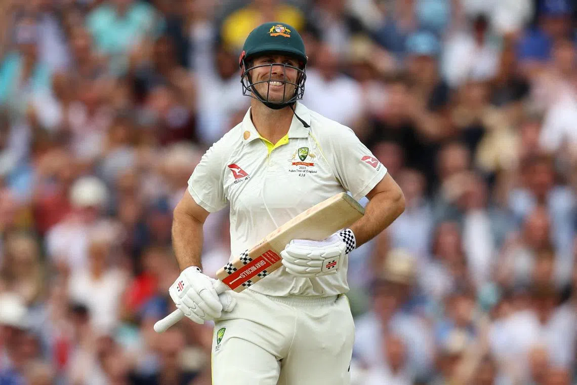 FILE PHOTO: Cricket - Ashes - Fifth Test - England v Australia - The Oval, London, Britain - July 28, 2023  Australia's Mitchell Marsh reacts after being bowled out by England's James Anderson Action Images via Reuters/Paul Childs/File Photo