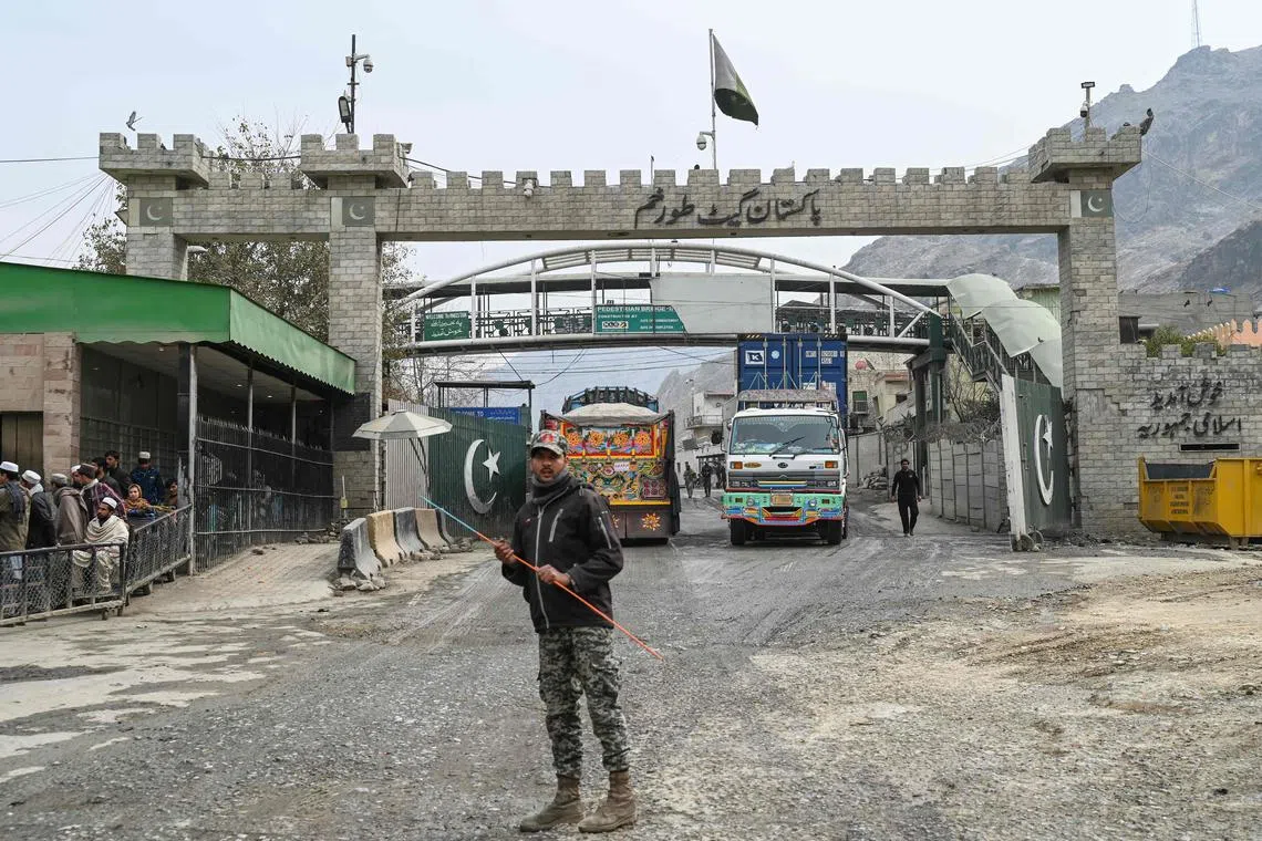 In this picture taken on Feb 2, 2023, a Pakistan border policeman is pictured from the zero point Torkham border crossing between Afghanistan and Pakistan.