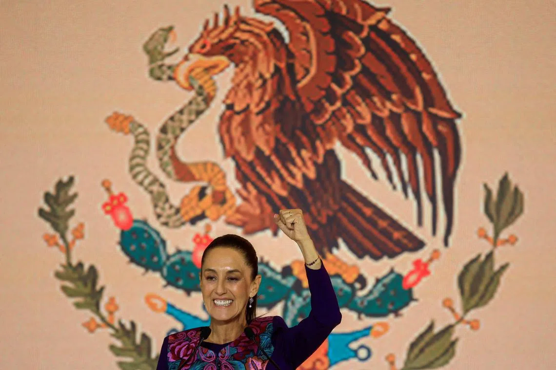 FILE PHOTO: Claudia Sheinbaum, the presidential candidate of the ruling Morena party, gestures while addressing her supporters after winning the presidential election, in Mexico City, Mexico June 3, 2024. REUTERS/Raquel Cunha/File Photo