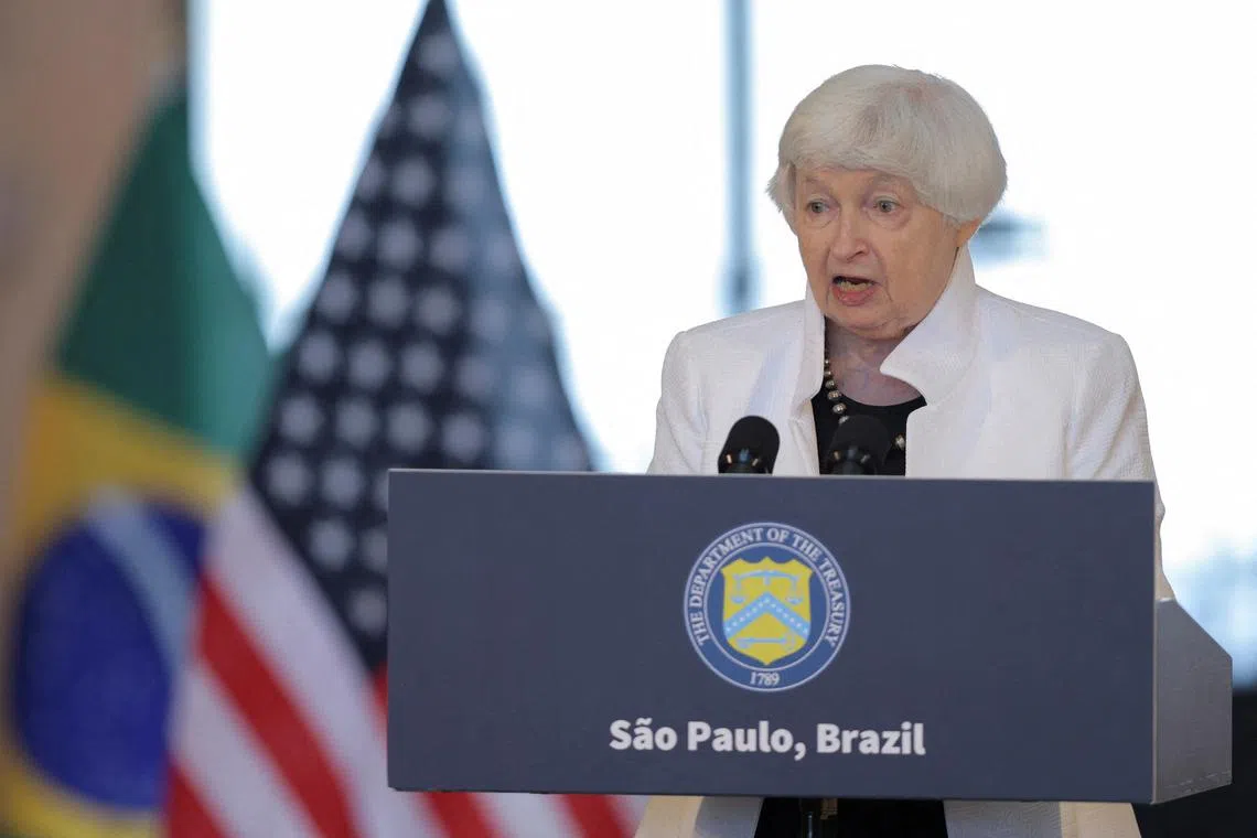 FILE PHOTO: U.S. Treasury Secretary Janet Yellen speaks during a press conference to highlight her key priorities for the G20 Finance Ministers and Central Bank Governors meetings, in Sao Paulo, Brazil, February 27, 2024. REUTERS/Carla Carniel/File Photo