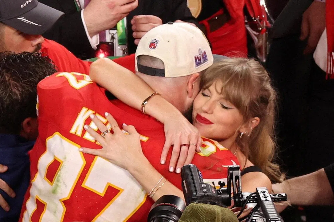 Travis Kelce celebrates with partner Taylor Swift after Kansas City Chiefs win Super Bowl LVIII on Feb 11, 2024. 