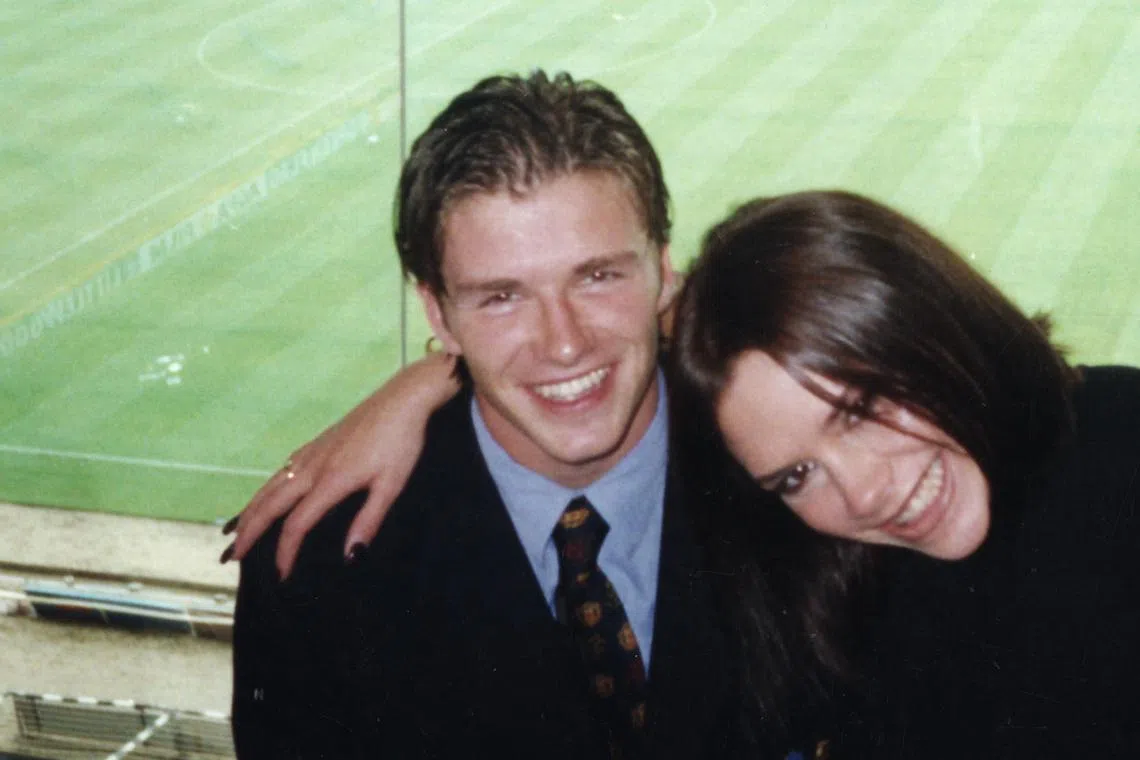 David Beckham’s public profile is supercharged by his romance with Victoria Adams (right).
