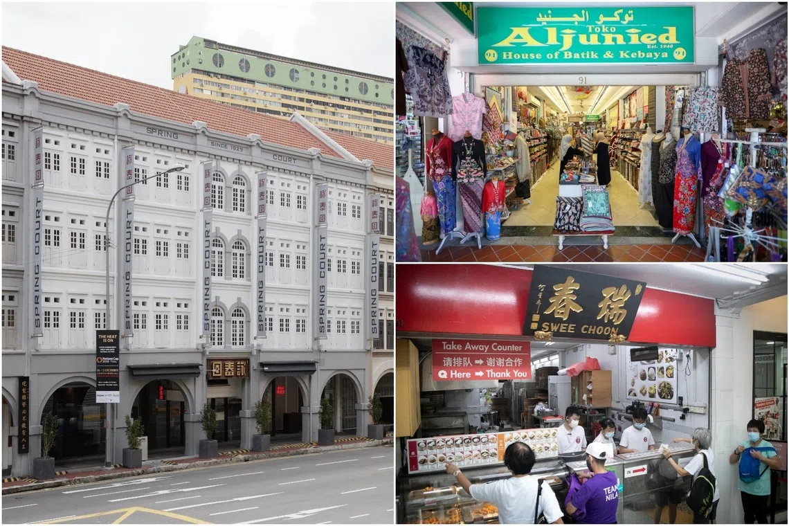 (Clockwise from left) Spring Court Restaurant in Chinatown, Toko Aljunied and Swee Choon Tim Sum Restaurant.