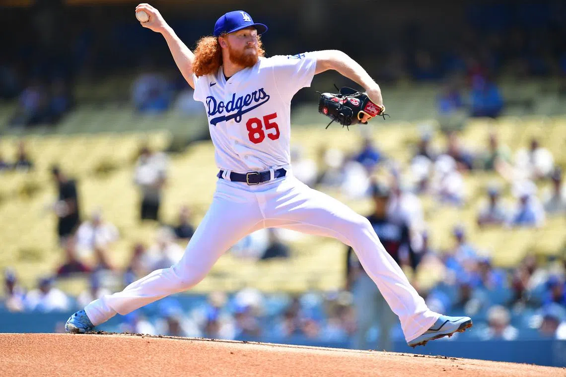 May 17, 2023; Los Angeles, California, USA; Los Angeles Dodgers starting pitcher Dustin May (85) throws against the Minnesota Twins during the first inning at Dodger Stadium. Mandatory Credit: Gary A. Vasquez-USA TODAY Sports/ File Photo
