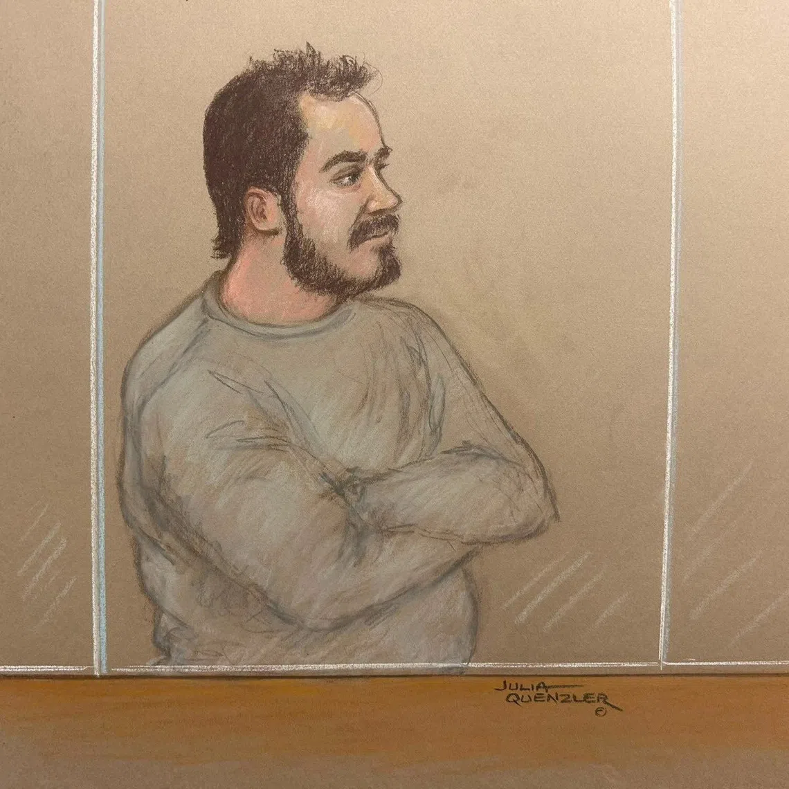 Joshua Kerry appears at Westminster Magistrates' Court charged with the murder of former government minister Ann Widdecombe, in London, Britain, July 21, 2026, in this courtroom sketch. REUTERS/Julia Quenzler