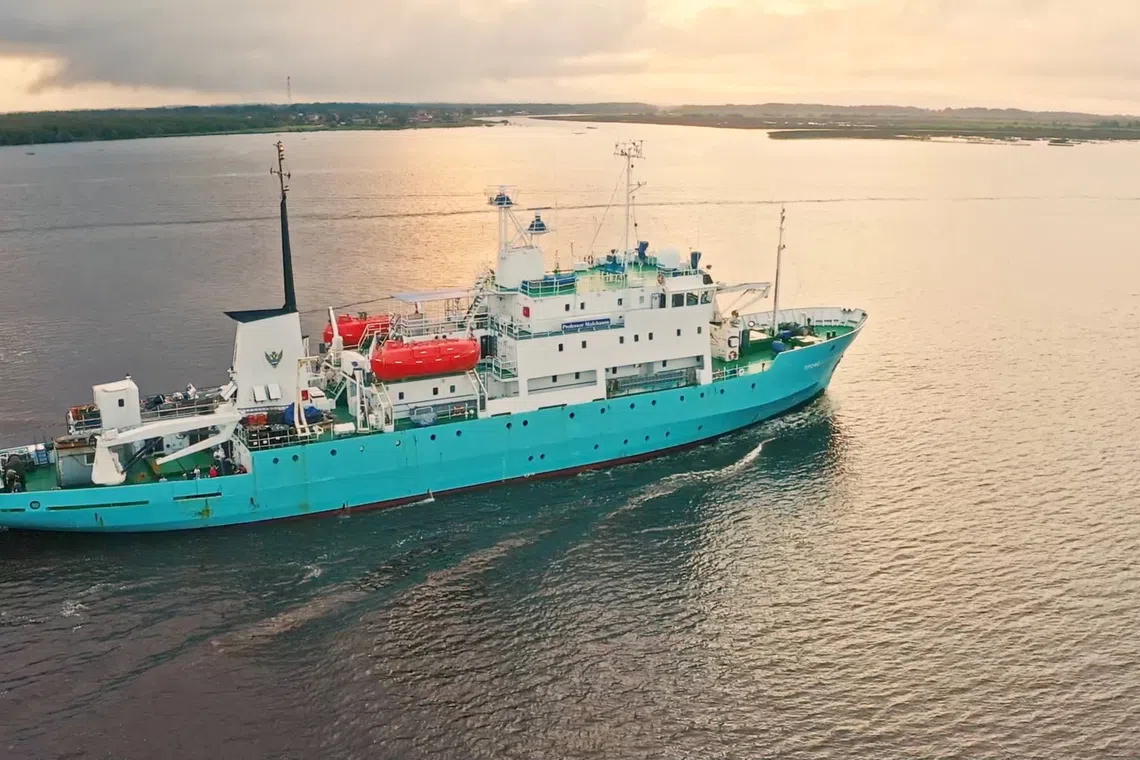 A screengrab from an archive video shot in July 2022 shows Professor Molchanov, a Russian ship afloat in Arkhangelsk, Russia, which, according to officials, was seized by Norway in the Arctic. Alexander Ermolin/Handout via REUTERS