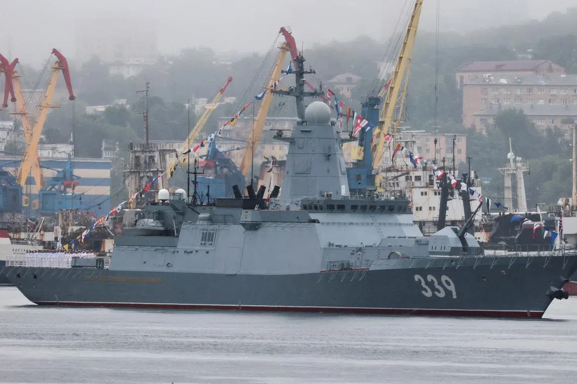 FILE PHOTO: Russian sailors line up onboard the corvette Hero of the Russian Federation Aldar Tsydenzhapov during the annual Navy Day parade in the far eastern port city of Vladivostok, Russia, July 28, 2024. REUTERS/Tatiana Meel/File Photo