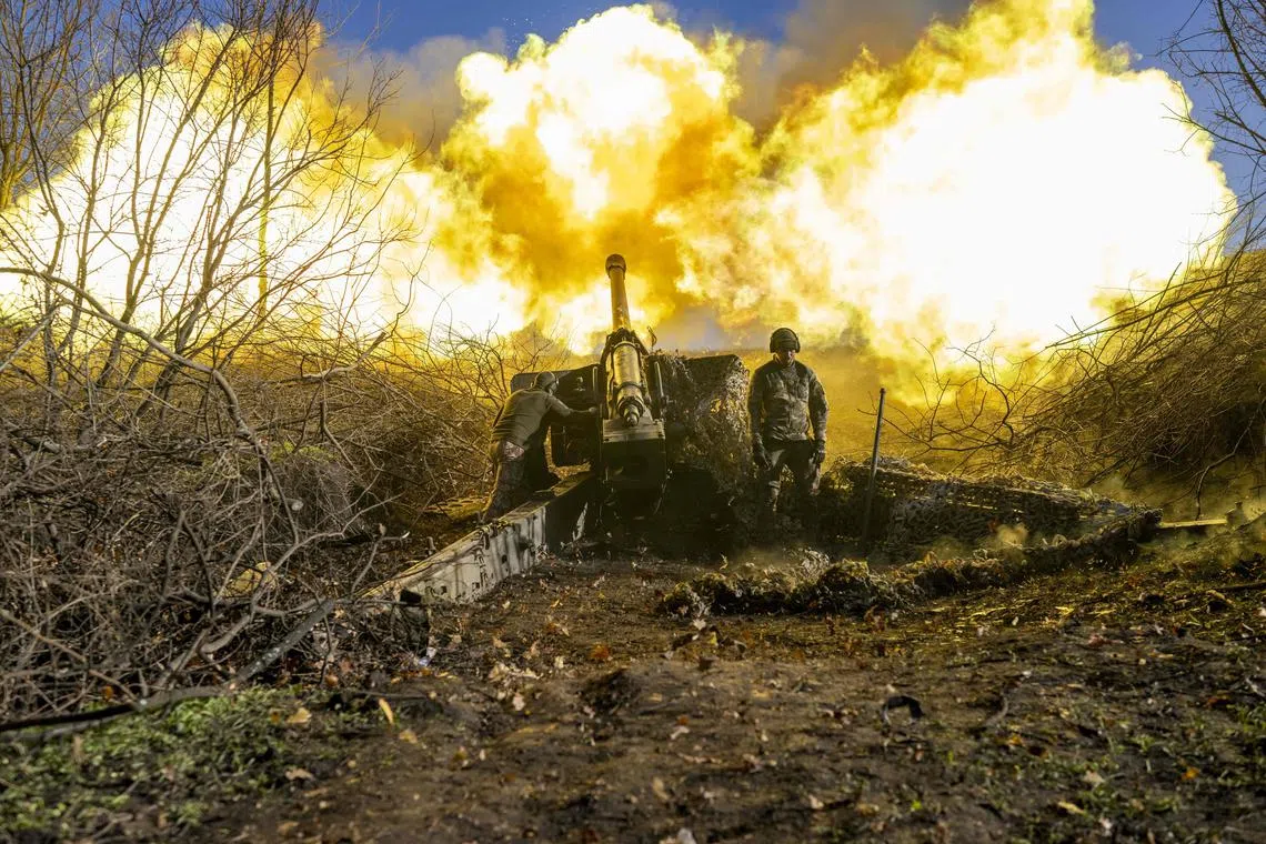 A Ukrainian artillery unit fires towards Russian positions outside Bakhmut, on Nov 8, 2022.