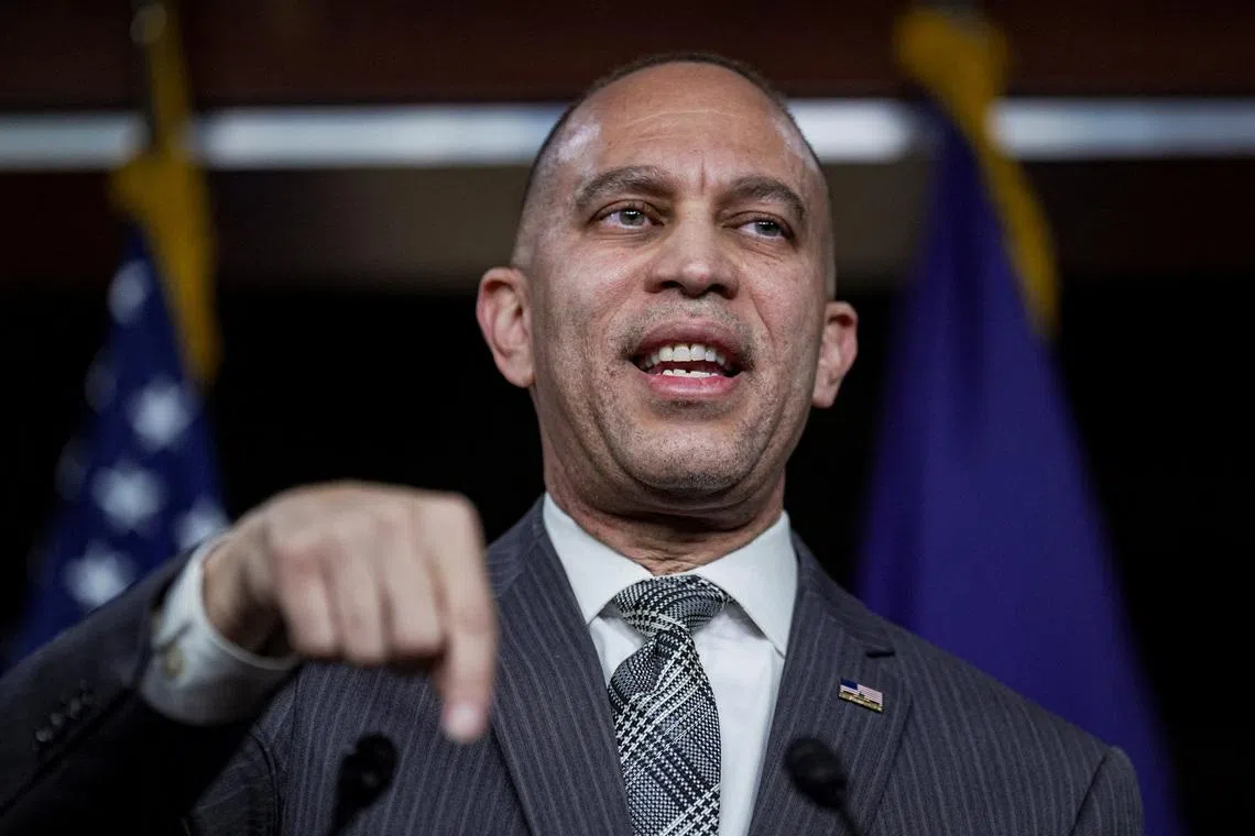 FILE PHOTO: U.S. House Democratic Leader Hakeem Jeffries (D-NY) speaks during a press conference at the U.S. Capitol on day three of a partial government shutdown in Washington, D.C., U.S., February 2, 2026. REUTERS/Al Drago/File Photo