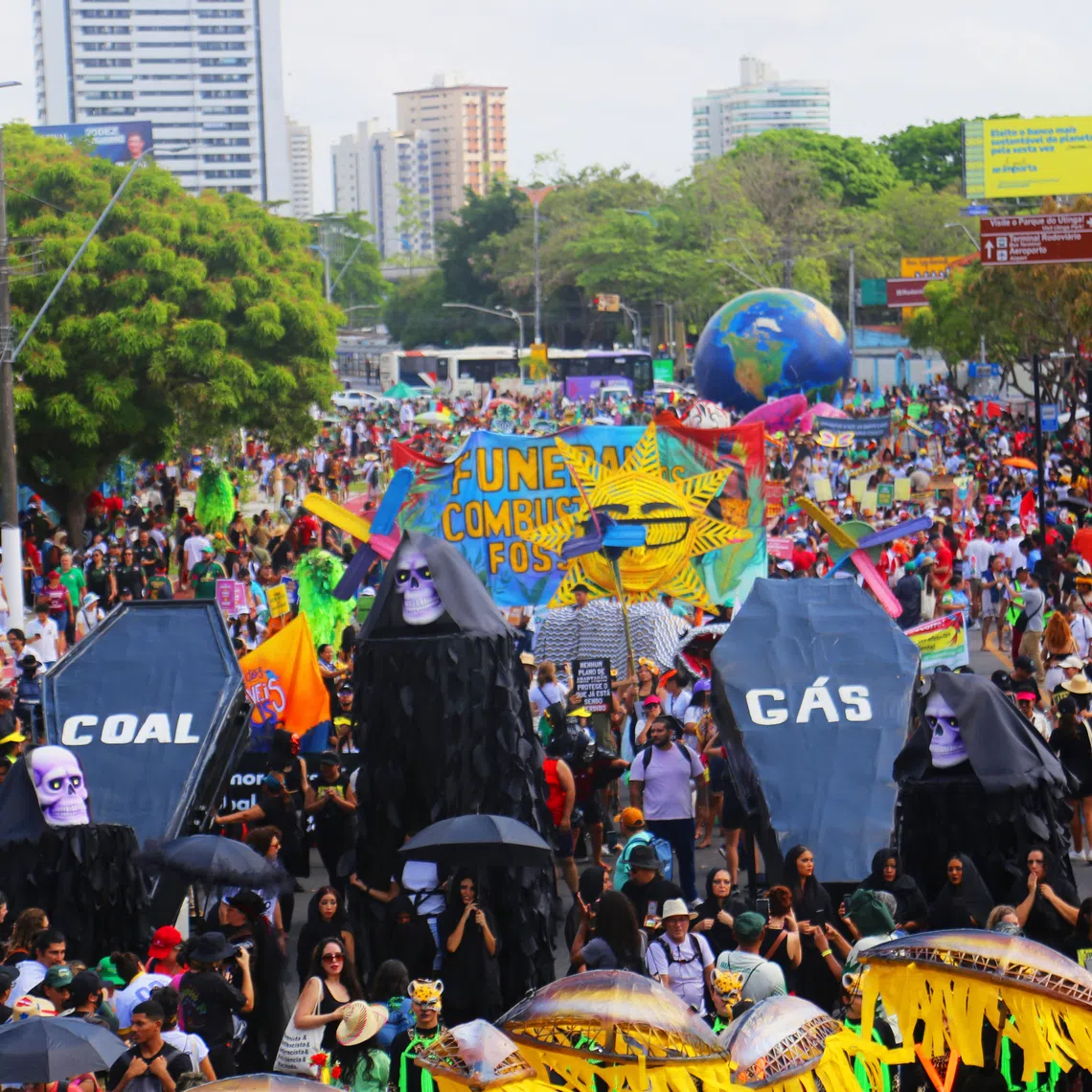 The Fossil Fuels Funeral procession in Belem on Nov 15 where indigenous leaders demanded an end to fossil fuels.