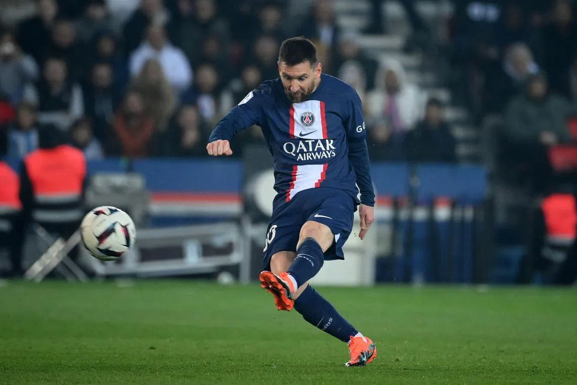 Argentina forward Lionel Messi shooting during PSG's 1-0 defeat by Lyon on Sunday.
