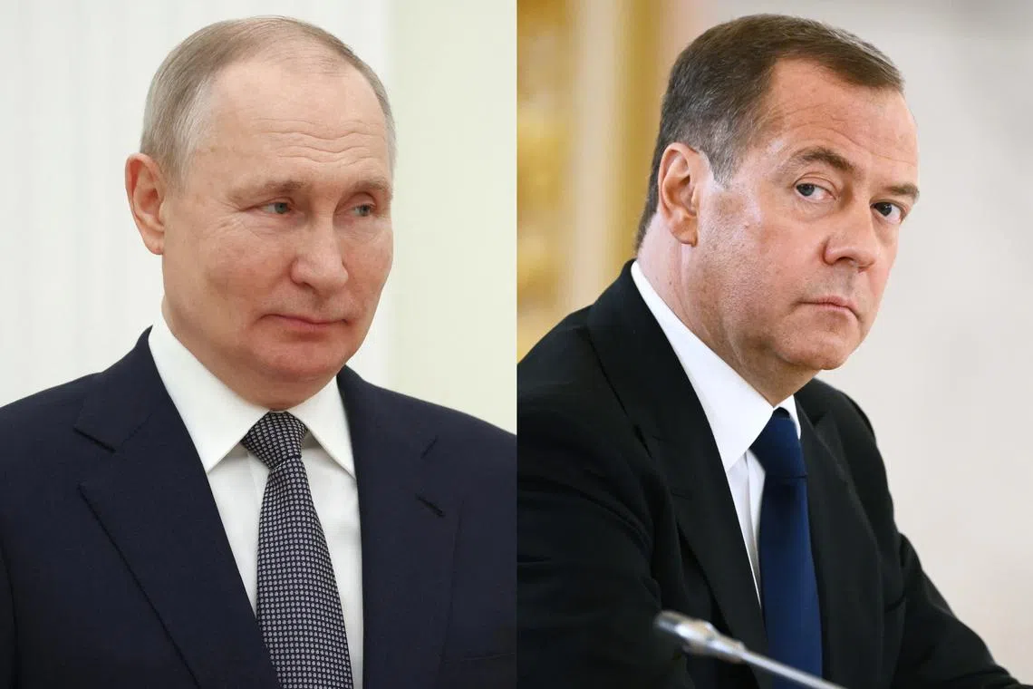 After the ICC issued an arrest warrant for Mr Putin (left), former Russian president Dmitry Medvedev reportedly talked about targeting The Hague with a hypersonic missile.
