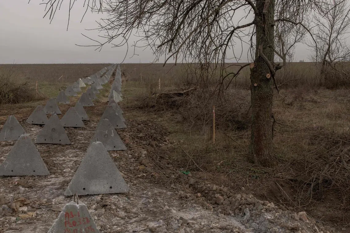 This photograph taken on April 2, 2024, shows "dragon’s teeth" fortifications near the town of Chasiv Yar in Donetsk region, amid Russia's invasion on Ukraine.