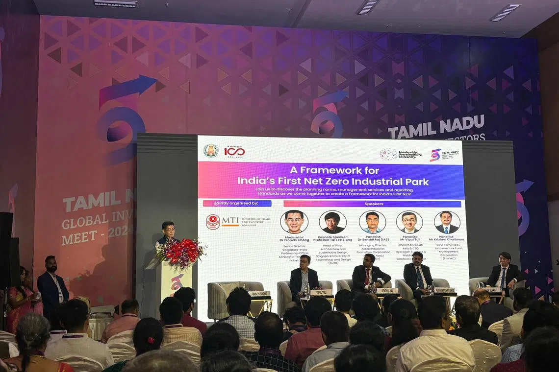 Speakers from India and Singapore at a panel discussion on "A Framework for India’s first Net Zero Industrial Park” on Jan 7, at the Tamil Nadu Global Investors Meet 2024  in Chennai.